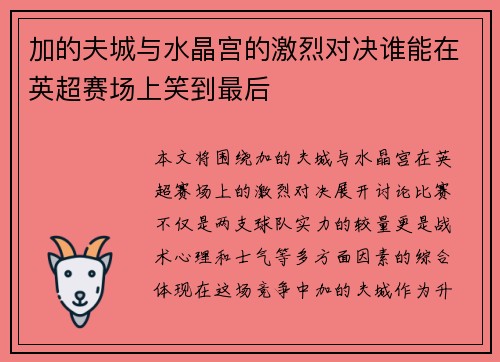 加的夫城与水晶宫的激烈对决谁能在英超赛场上笑到最后